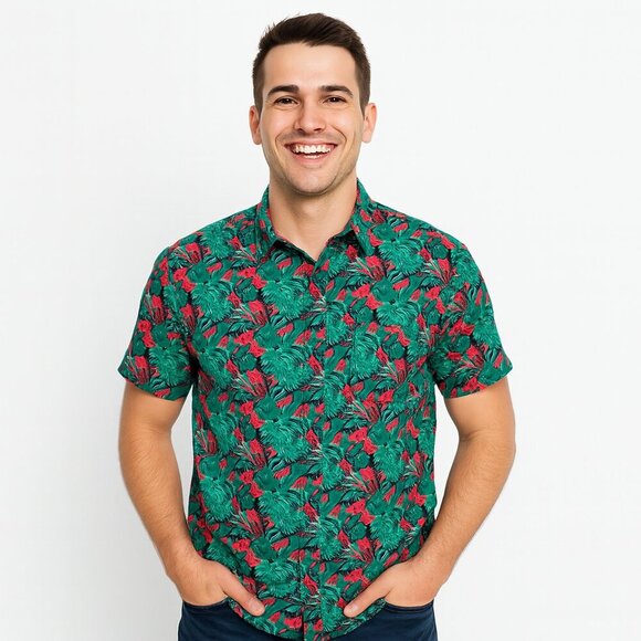 1901 Hawaiian Shirt L Fairview Wash Trim Fit Leaf Print Button Up Tropical Look - Picture 1 of 16